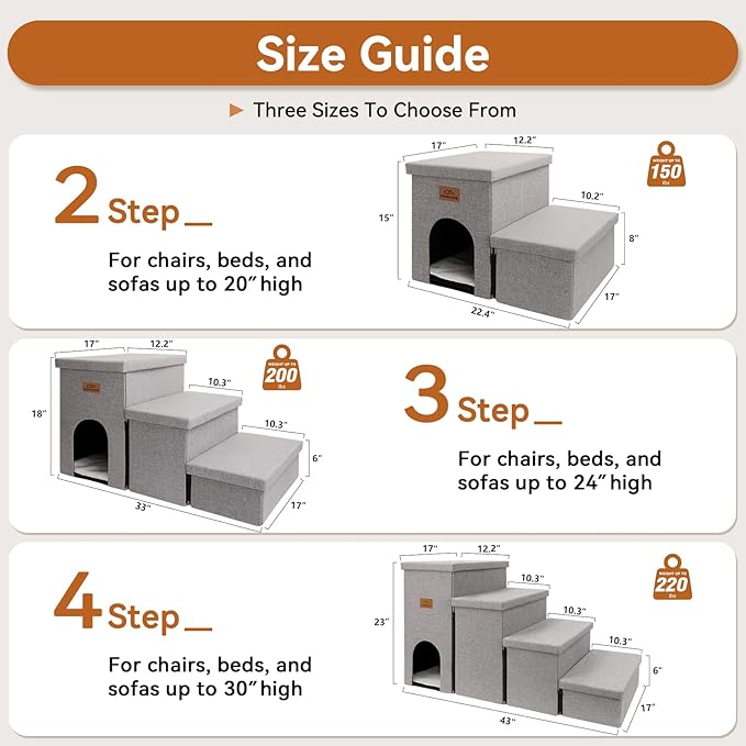 Dog Stairs 15" H, 2-Step Wider Dog Steps for Small/Medium/Large Old Dogs Cats, Folding Sturdy Storage Pet Stairs Climbing Bed Couch, Dog Ramp for Car Hold Up to 150 lbs(Gray, with Condo)-PawvioPets
