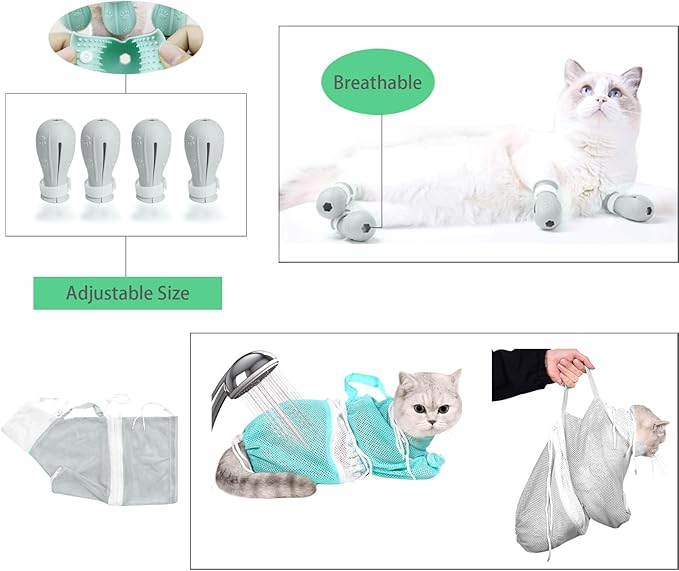 Anti-Scratch Silicone cat Shoes,Cat Claw Covers,Adjustable Multifunctional Anti-Bite Shower net Bag，Cat Grooming Mesh Bag,Cat Bathing Bag(Grey-2)-PawvioPets
