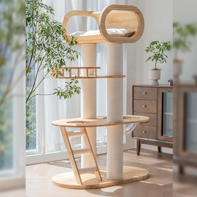 63.6'' Modern Cat Tree Indoor, Solid Wood Cat Tree with Scratching Post for Multi-Cat Families, Tall Cat Tower with Auxiliary Stairs, Huge Condo for Large Cats-PawvioPets
