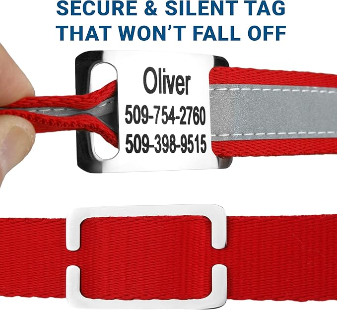 GoTags Reflective Personalized Dog Collar with Nameplate, Adjustable Dog Collar with Custom Engraved Steel Slide On Pet ID Tag, Silent, No Noise Dog Tag for Large Medium or Small (Red, Medium)-PawvioPets