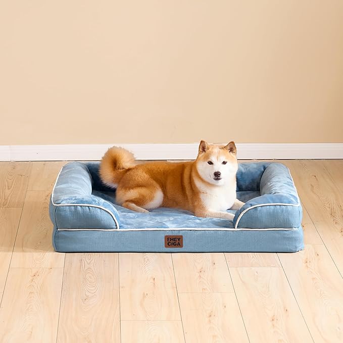 EHEYCIGA Orthopedic Dog Bed for Medium Dogs, Waterproof Memory Foam Medium Dog Beds with Sides, Non-Slip Bottom and Egg-Crate Foam Pet Couch Bed with Washable Removable Cover, Washed Blue-PawvioPets