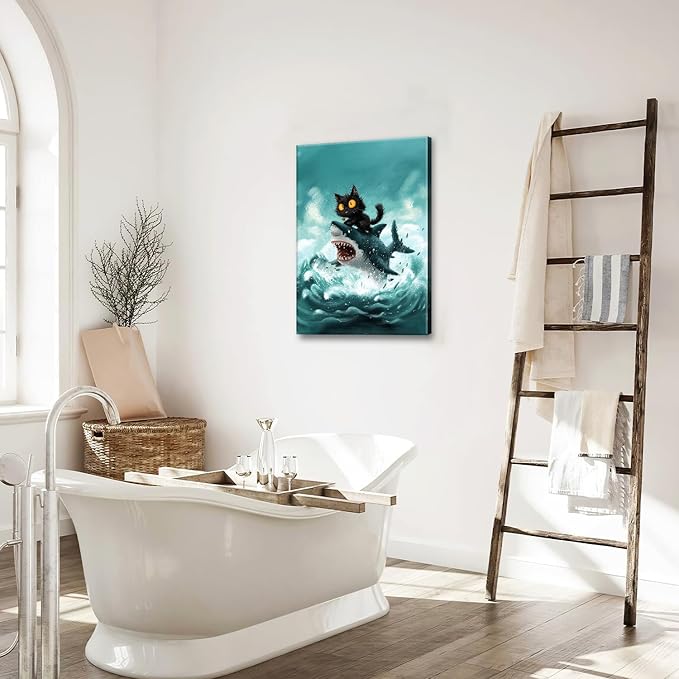 Funny Black Cat Bathroom Wall Art Cute Cat Riding Shark Canvas Wall Decor Animal Kitten Pictures Painting Print Artwork Framed Decorations Gifts for Cat Lover Kids Room Bedroom 16"x24"-PawvioPets