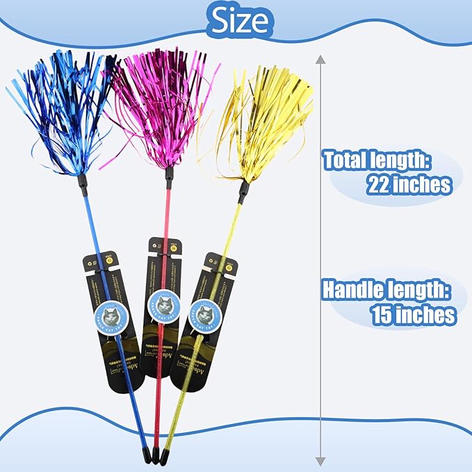ADUCK Interactive Cat Teaser Wand Toy with Tassels - Durable Cat Chaser for Indoor Kitten Exercise, Boredom Relief & Training Play, Pack of 3 (Gold, Blue, Pink)-PawvioPets