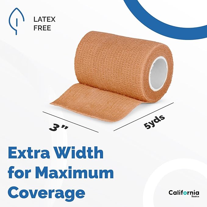 California Basics - 8 Pack - Self Adhesive Bandage Wraps - 3 Inch by 5 Yards Non Woven Self Adhesive Bandage Wrap, Brown Athletic Tape for Wrist, Hand & Ankle Wrap, Premium-Grade Medical Bandage Tape-PawvioPets