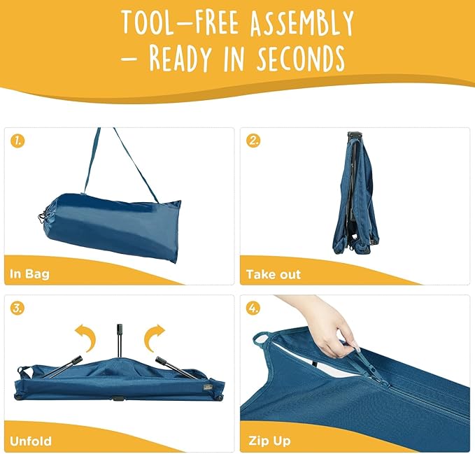 Daisy Cot, Medium Foldable Elevated Dog Bed, Portable Raised Outdoor Folding Dog Cot, Cooling, Chew Proof, Waterproof, Heavy Duty Up to 160 Lbs for Camping/Home, Dark Blue, 32"x 19"x6"-PawvioPets