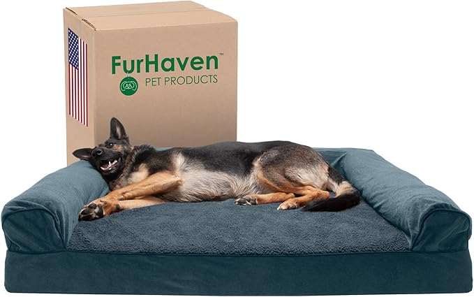 Furhaven Cooling Gel Dog Bed for Large Dogs w/ Removable Bolsters & Washable Cover, For Dogs Up to 125 lbs - Sherpa & Chenille Sofa - Orion Blue, Jumbo Plus/XXL-PawvioPets