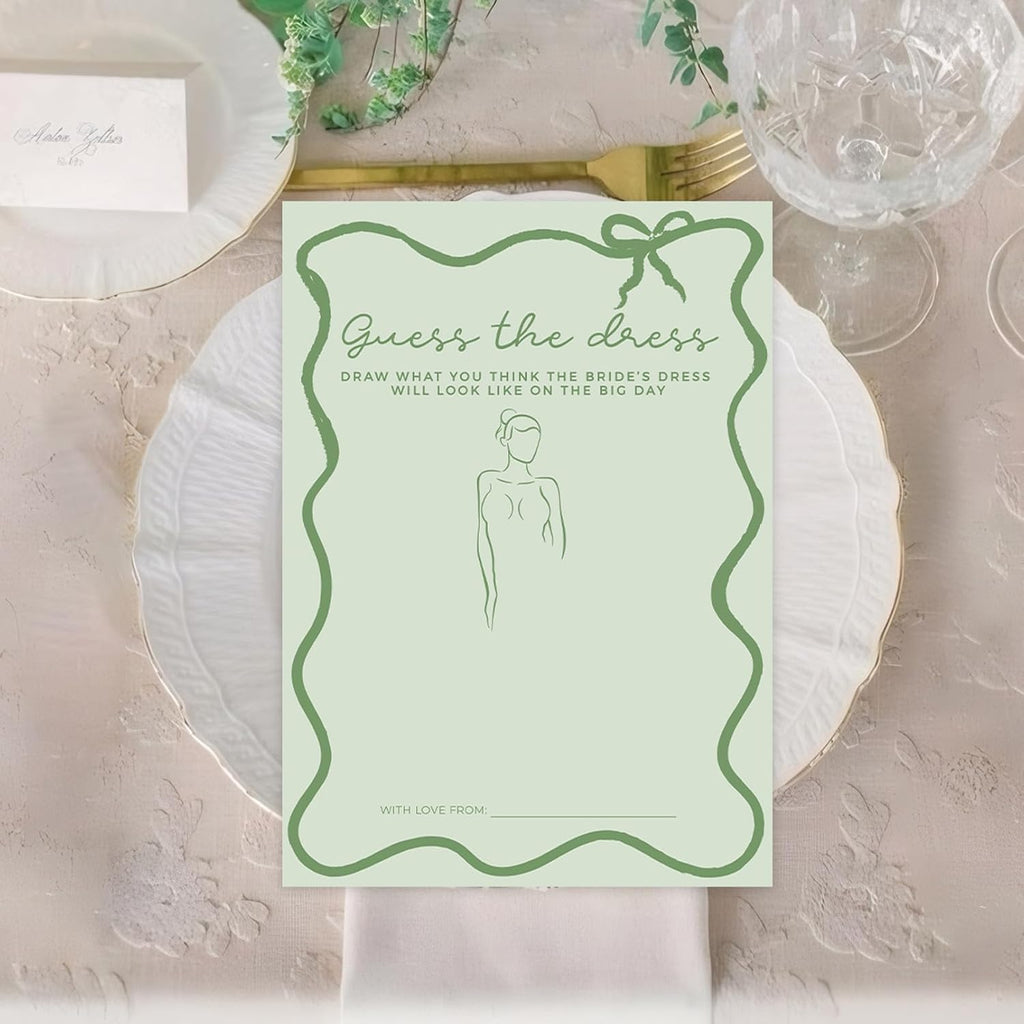DEEKA 30 PCS Bridal Shower Games Card for 30 Guests Sage Green Wavy Border Ribbon Bow Funny Wedding Bachelorette Party Games for Reception (Guess The Dress)