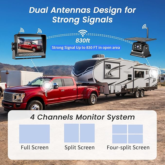 Dual Magnetic Solar Wireless Backup Camera for RV Truck Trailer – 7" 1080P Monitor with Recording, 1-Min Install, No Delay, Wide View, IR Night Vision, 4 Channels, Auto-Sleep Rechargeable-PawvioPets