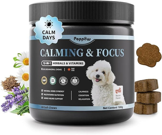 Calming Chews for Dogs – Calming Treats for Anxiety, Stress, Separation, Travel&Thunder, Relaxation & Focus Support with L-Theanine, Valerian Root, Chamomile & Ashwagandha, Bacon Flavor, 60Ct-PawvioPets