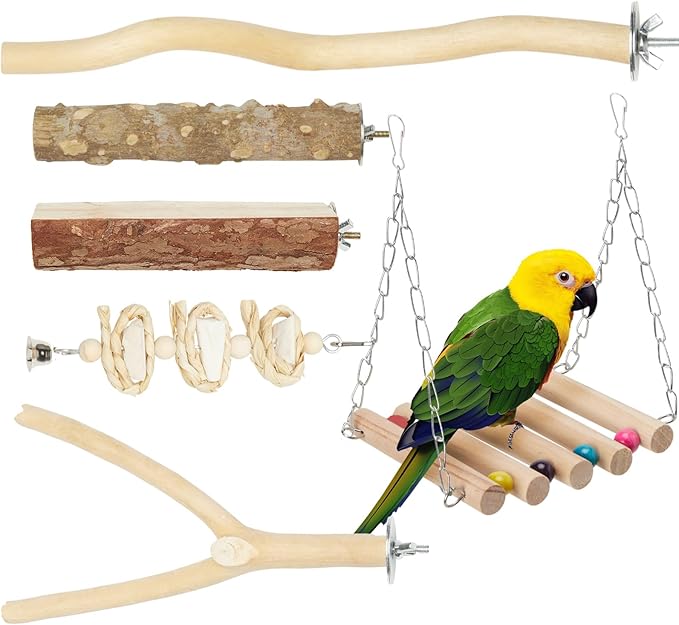Bird Perches for Cage 6pcs Natural Bird Stand Branch for Cage with Hanging Bridge, Parrot Swing Toys Chewing Climbing Standing Branches Wood Pole Paw Grinding Fork Parakeet Platform-PawvioPets