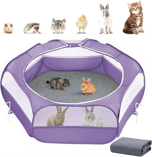 2-in-1 Small Animals Playpen with Pad, Waterproof Small Pet Cage Tent with Reusable Pad, Portable Outdoor Yard Fence with 3 Metal Rod for Chick/Kitten/Puppy/Guinea Pig/Rabbits/Chinchillas, Purple-PawvioPets
