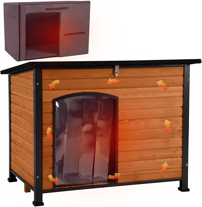 Aivituvin Dog House Outdoor & Indoor Dog Kennel with Insulated Liner for Winter Waterproof Large Dog Cage for Small & Medium & Large Dogs,Unique All-Around Iron Frame-PawvioPets