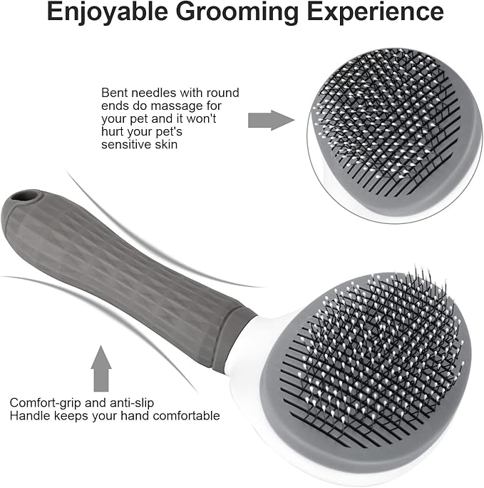 Depets Self Cleaning Slicker Brush, Dog Cat Bunny Pet Grooming Shedding Brush - Easy to Remove Loose Undercoat, Pet Massaging Tool Suitable for Pets with Long or Short Hair Gray-PawvioPets
