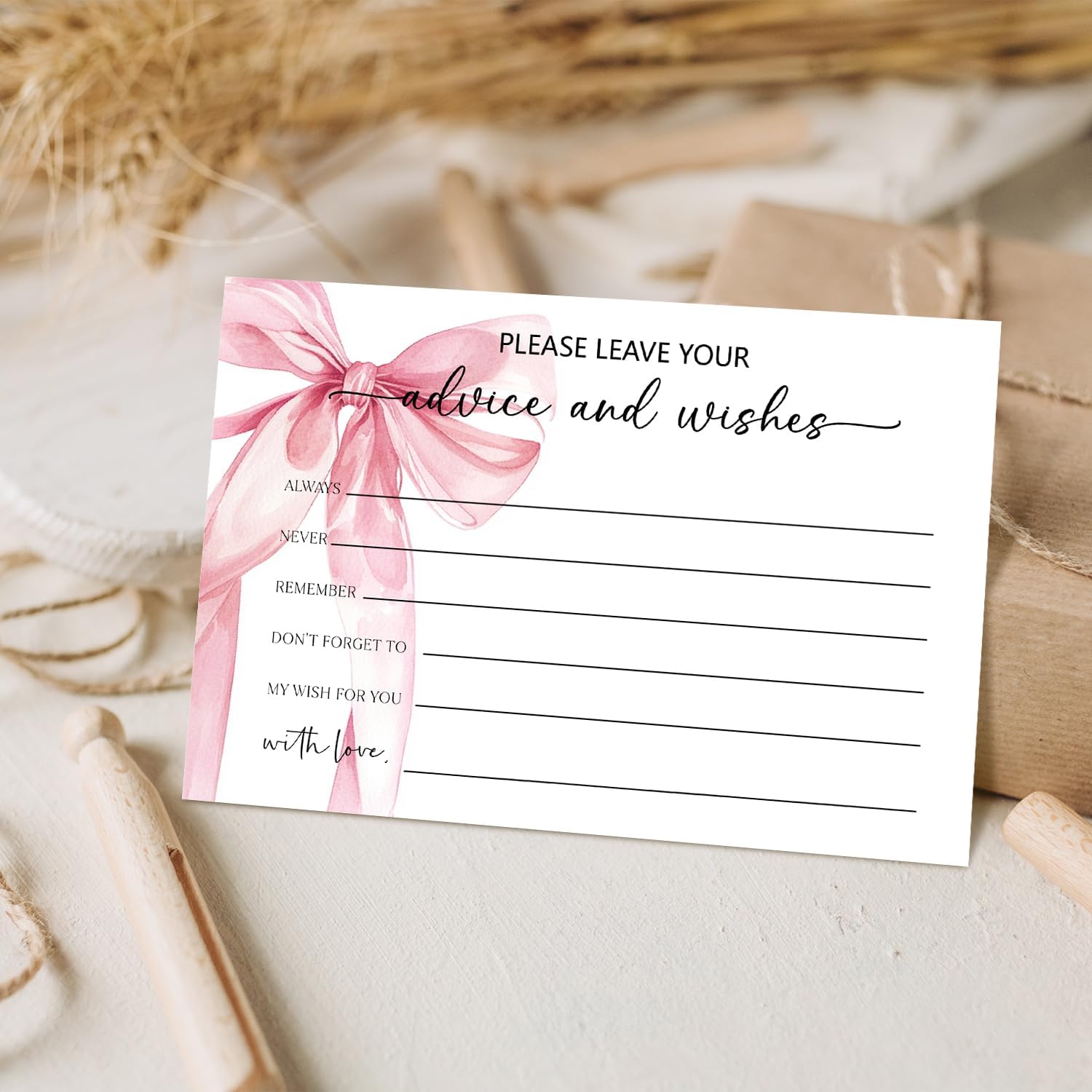 Pink Bow Advice and Wishes Card, Advice Cards for The Bride and Groom, Bridal Shower,Wedding or Baby Shower, Birthday, Graduation, Retirement, Guestbook - 25 Cards -12