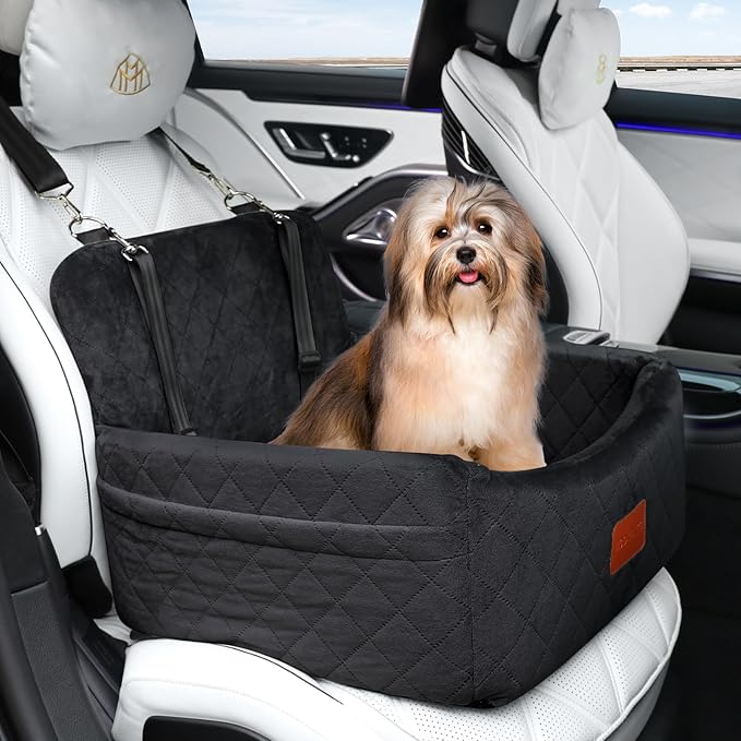 Dog Car Seat for Small Dogs Under 30lbs, Washable Pet Travel Car Bed with Memory Foam,Fully Detachable Cover,2 Storage Pockets & Safety Leash,Non-Slip Bottom(Black)-PawvioPets