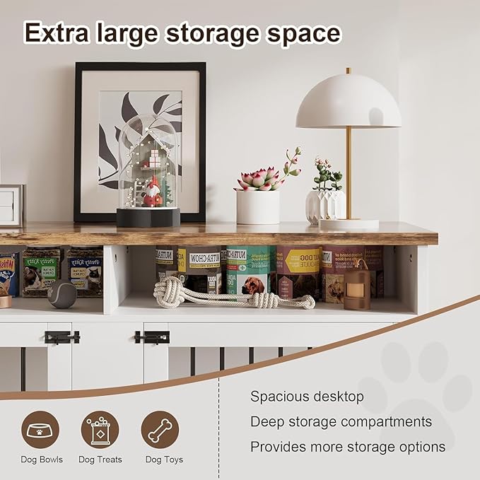 63'' Dog Crate Furniture for 2 Dogs, Wooden Dog Cage with Storage Compartment, Indoor Dog Kennel with 4 Doors for Large/Medium Dogs, White-PawvioPets