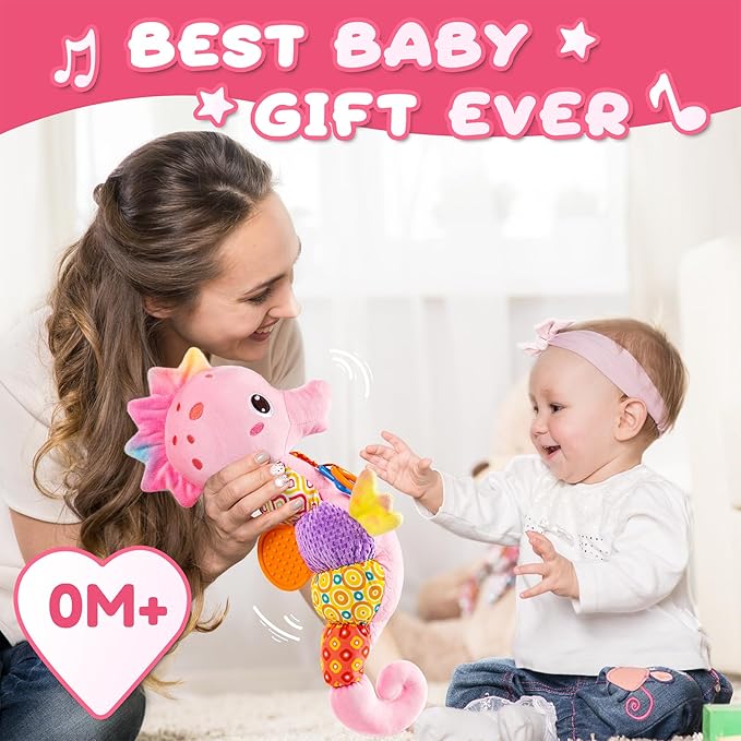 Baby Toys 0 to 12 Months, Musical Stuffed Animal Activity Soft Toys with Multi-Sensory Crinkle, Rattle and Textures,Infant Tummy Time Toys for Newborn Girls, Seahorse, Pink-PawvioPets
