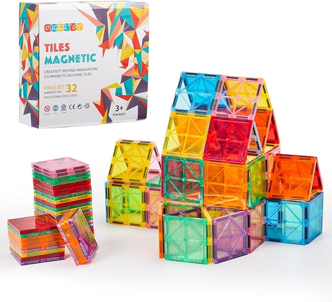 32-Pack Magnetic Tiles–Rainbow Builder Set, 2.95in STEM Construction Kit with Transparent Windows, Expand Creative Play for Kids-PawvioPets