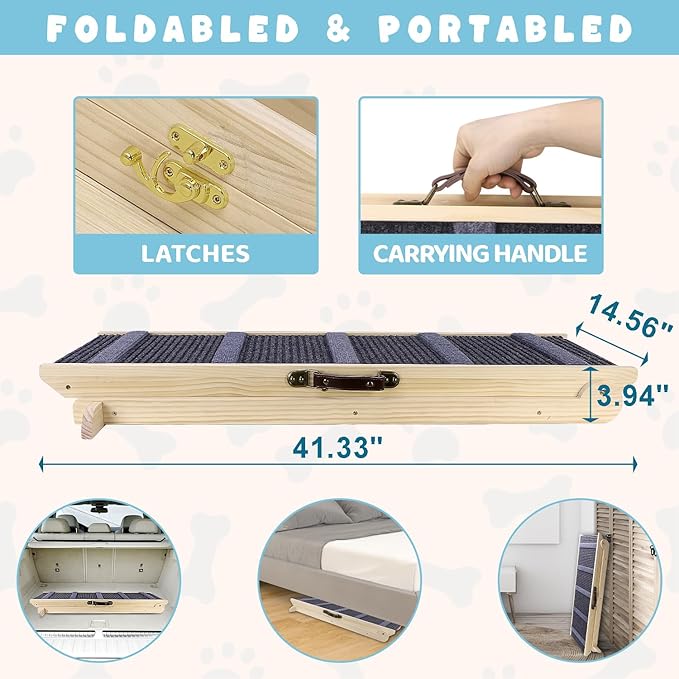 Dog Ramp for Bed, 6 Adjustable Height from 13.8" to 25.6", Folding Portable Wooden Pet Ramp for Small Dogs - Non-Slip High Traction Dog Ramp for High Bed Couch and Car Up to 200lbs-PawvioPets