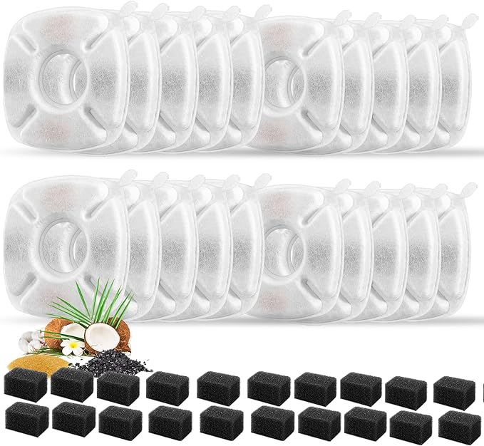 40 Pcs Cat Fountain Replacement Filters 20 Pack Cat Water Fountain Replacement Filters with 20 Pack Pre-Filter Sponges, Pet Fountain Filter Fit for 95oz/2.8L Automatic Pet Fountain Cat Water Fountain-PawvioPets