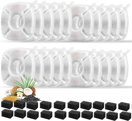 40 Pcs Cat Fountain Replacement Filters 20 Pack Cat Water Fountain Replacement Filters with 20 Pack Pre-Filter Sponges, Pet Fountain Filter Fit for 95oz/2.8L Automatic Pet Fountain Cat Water Fountain-PawvioPets
