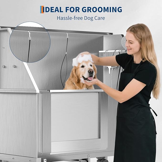 50" Stainless Steel Professional Dog Washing Station - Pet Bathing Tub w/Non-Slip Stairs | Slip-Resistant Floor Grate | for Large/Medium/Small Dogs-PawvioPets