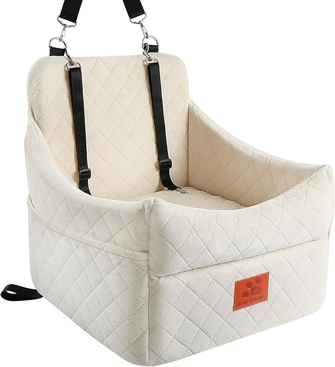Dog Car Seat for Small/Medium Dogs, Dog Booster Car Seats with Thick Cushion for Dogs Under 35lbs, Detachable Washable Pet Carseat with Storage Pockets, 2 Safety Belts(Beige)-PawvioPets