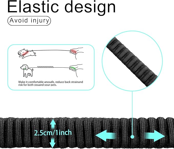 20” Strong Short Leash for Dog, Heavy Duty Bungee Dogs Leash with Padded Handle Car Seatbelt, Small Dog Training Leashs for Large or Medium Dogs - Can be Used with Other leashes (Black)-PawvioPets