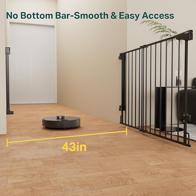 Cumbor 29.2-43" No Bottom Bar Baby Gate for Stairs, 2-in-1 Hardware Mounted Dog Gate Indoor, Wide Pet Gates for Doorway with Large Walk Thru Door, Child-Proof Gate for Top & Bottom of Stairs(Black)-PawvioPets