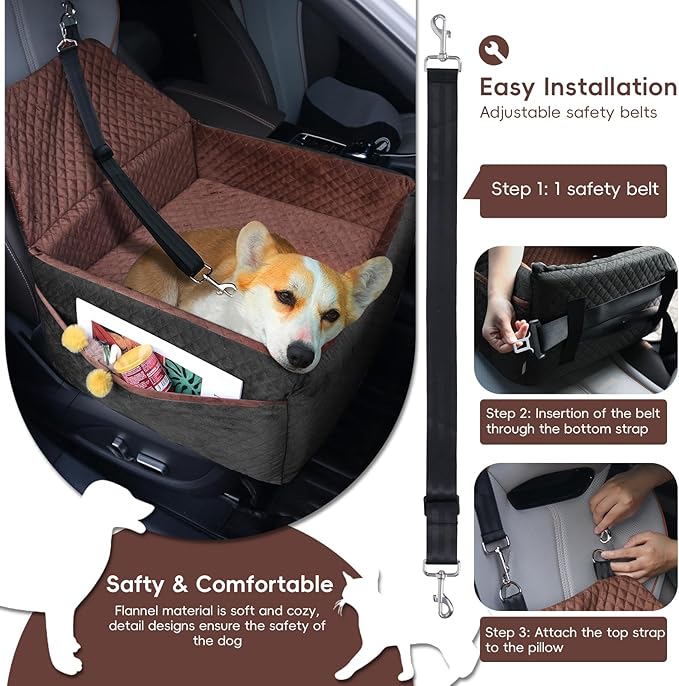 Dog Car Seat for Small Medium Dogs, Soft Fabric Dog Booster Seat with Storage Pockets, Safety Belt, Comfy Pet Car Seat Travel Bed, Removable and Washable-PawvioPets