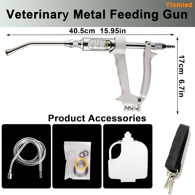 20ML Veterinary Metal Feeding Gun, Continuous Drench Gun Dosing Device Veterinary Adjustable Medicine Dispenser Husbandry Autonomous Feeding Tool, for Pig Cow, Sheep, Horse (White Color, 20ML+Kettle)-PawvioPets
