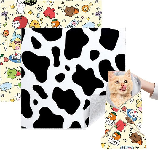 Cat Grooming Wrap, 2pcs [XL] Cat Restraint Wrap for Nail Clipping, Ear Cleaning, and Teeth Brushing, Self-Adherent, Anti-Bite, Anti-Scratch, Anti Scratch, Cow White+Yellow-PawvioPets