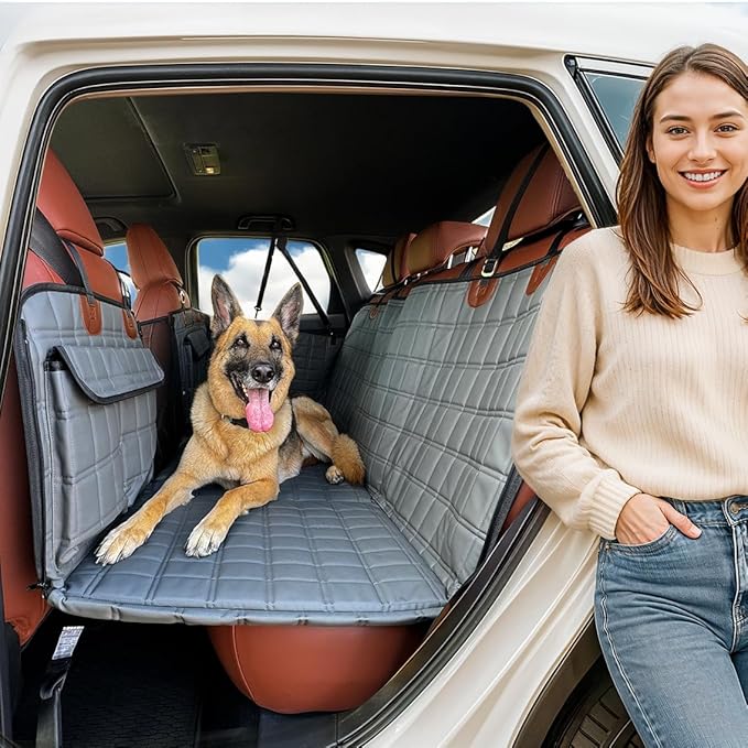 APetsPlanet Dog Car Seat Cover for Back Seat Hard Bottom - Waterproof Backseat Extender for Dogs - Pet Hammock Bed for Car, Truck, SUV with Mesh Window & Storage - Gray Leather, with Door Covers-PawvioPets
