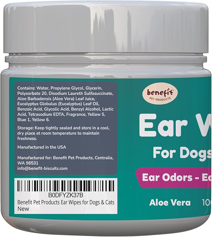 Benefit Pet Products Dog Ear Wipes - Ear Cleaner for Dogs to Prevent Infections, Itching & Odor - Aloe & Eucalyptus, Grooming Wipes - 100 Count-PawvioPets