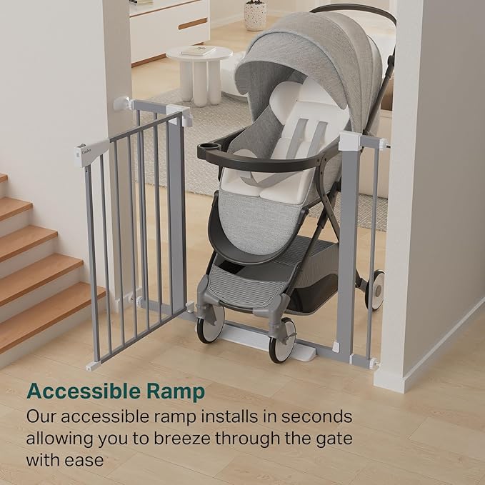 Cumbor 29.7"-40.6" Baby Gate for Stairs, Mom's Choice Awards Winner-Dog Gates for Doorways, Pressure Mounted Auto-Close Pet Gates for Dogs Indoor, Safety Child Gate with Easy Walk Thru Door, Gray-PawvioPets