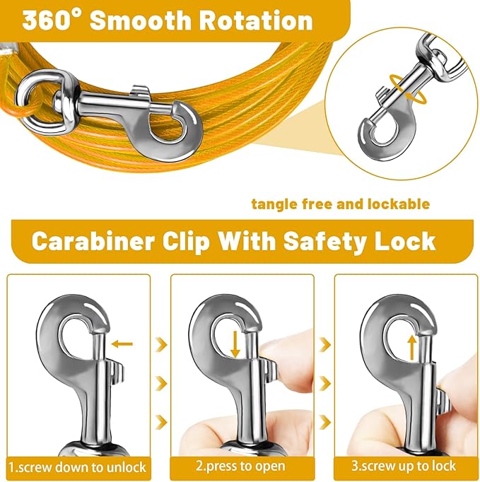 Dog Tie Out Cable 10/15/20/25/30 FT Runner for Yard Steel Wire Cable with Durable Superior Clips Yellow Chains for Outside Dog Lead for Large Up to 165 Lbs-PawvioPets