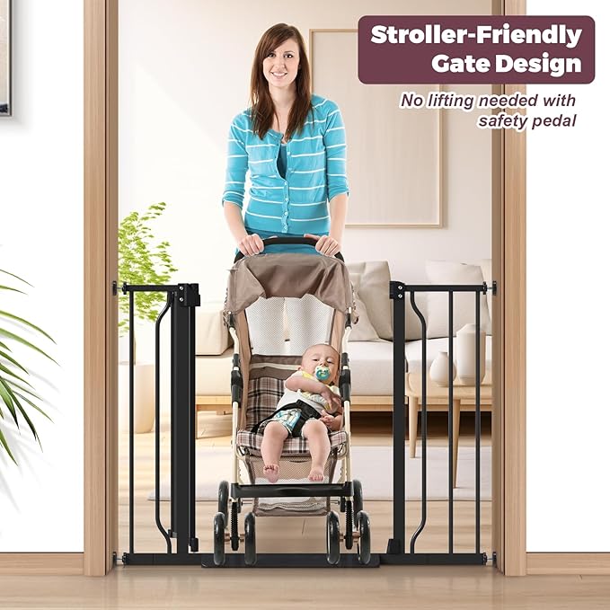 29"-40" Baby Gate for Stairs, Auto Close Stroller Friendly Dog Gate Indoor for Doorways, Pressure Mounted Baby Gate, Easy Walk Through Gate for Children & Pets, Black-PawvioPets