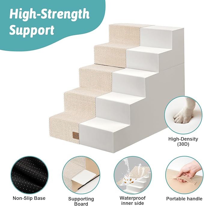 Dog Stairs for Small Dogs, 5 Tier Removable Wider Pet Stairs for Couch and Bed, 23.6" H Non-Slip Dog Steps for Puppies and Old Cats with Support Board, 29.5x19.7x23.6 inch, Beige-PawvioPets