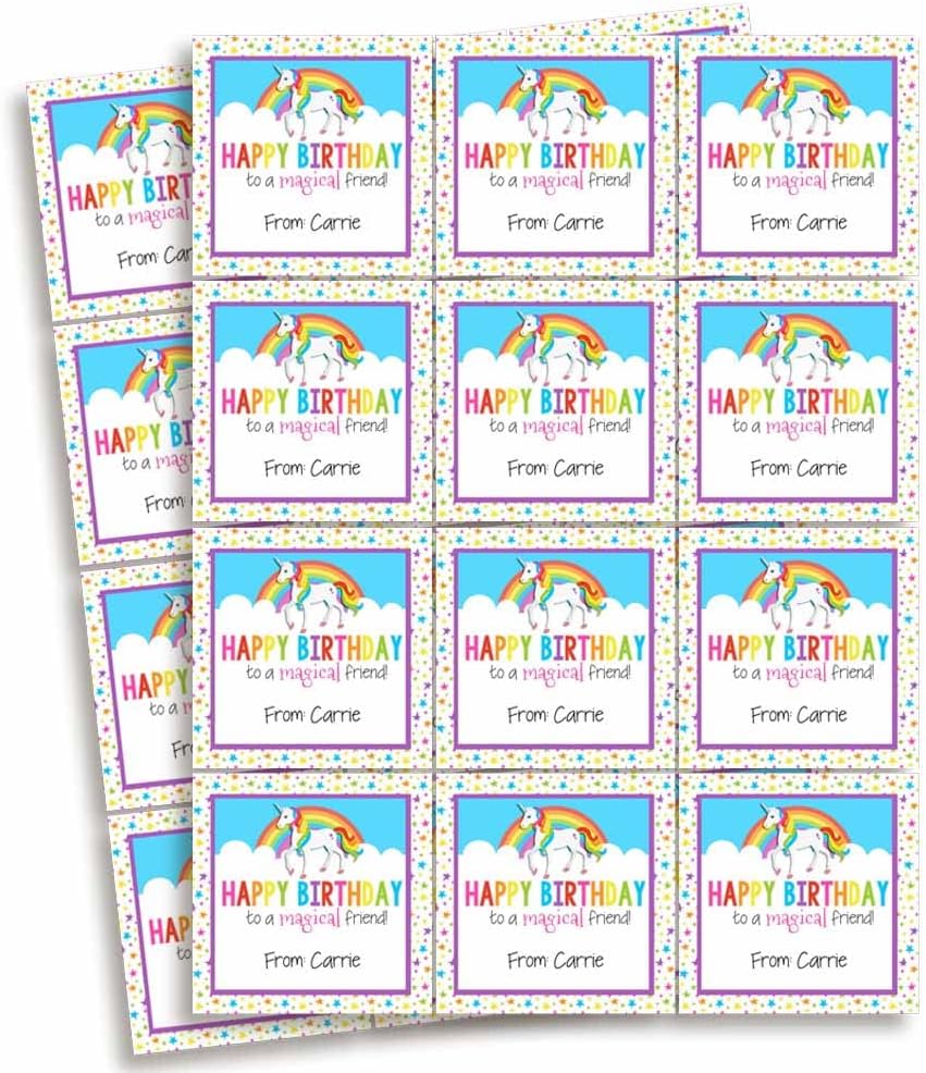 Custom & Personalized Rainbow Unicorn Happy Birthday Gift Tag Sticker Labels, 24 2.5" Square Stickers by Amanda Creation