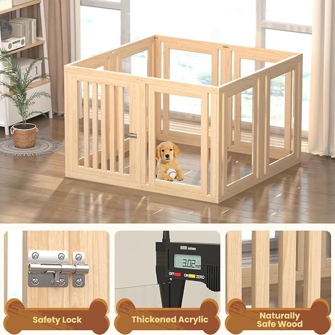 8 Panels Dog Playpen with Door, 23.6" H Pet Playpen Indoor, Clear Acrylic Puppy Playpens, Wooden Puppy Fence with Gate, Transparent Dog Pens, Pet Pen Indoor for Dogs, Cats, Rabbit, Small and Medium-PawvioPets