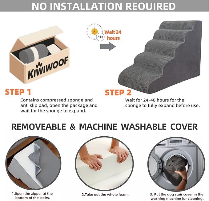 5 Step Pet Stairs Ramp for High Beds Sofas 5-30 Inch with Sturdy Non Slip Waterproof Pads, Machine Washable Cover Indoor Balanced Design for Cats Dogs Small Medium Large XL Pets Grey (Pink, Large, 1)-PawvioPets
