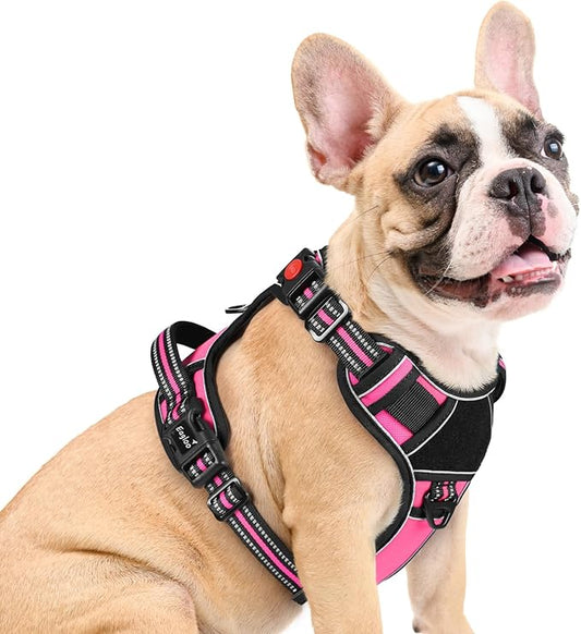 Eagloo Dog Harness Medium Sized, Easy Wearing with 3 Buckles, Adjustable No Pull Pet Harness with 2 Rings for Walking, No Chock Reflective Soft Padded Vest with Control Handle, Pink & Black, M-PawvioPets