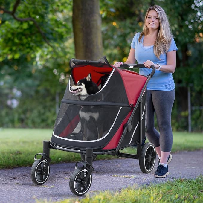 Dog Stroller for Medium/Large Dogs One-Click Folding, Extra Large Pet Stroller for 2 Dogs with Storage Pocket & Shock Absorption, Up to 130 lbs, Red-PawvioPets