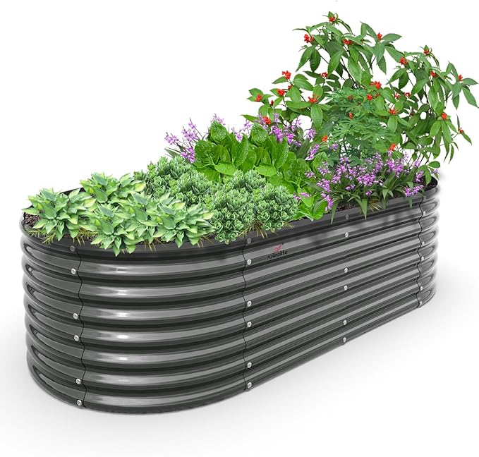 A ANLEOLIFE 8X4X2 ft Galvanized Raised Garden Beds Outdoor, Oval Large Metal Deep Root Planter Box for Planting Vegetables Flowers Herb, Anti-Rust & Easy-Setup, Quartz Grey-PawvioPets