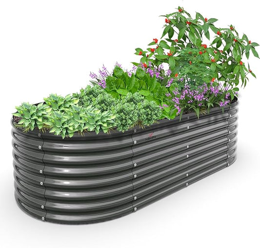 A ANLEOLIFE 8X4X2 ft Galvanized Raised Garden Beds Outdoor, Oval Large Metal Deep Root Planter Box for Planting Vegetables Flowers Herb, Anti-Rust & Easy-Setup, Quartz Grey-PawvioPets