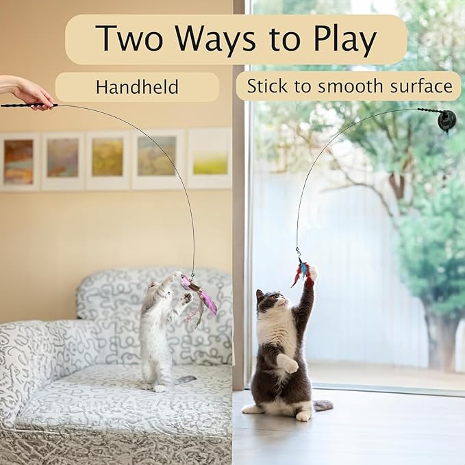 22Pcs 5-in-1 Cat Toys Interactive Cat Toy for Indoor Cats with Sticky Super Suction Cup Detachable Replacements Feathers Balls Mice Spring 3 Wand Hanging Door Kitten Toys-PawvioPets