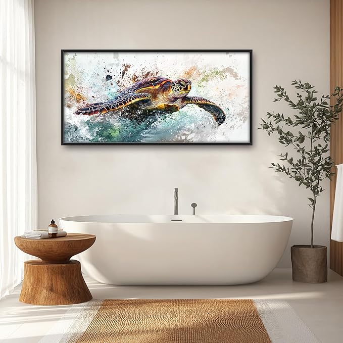 Extra Large Framed Sea Turtle Wall Art,Oversized Abstract Colorful Sea Nautical Wall Decor Pictures for Living Room,Canvas Print Painting Modern Artwork Bedroom Office Bathroom Home Decor 60L x30W-PawvioPets