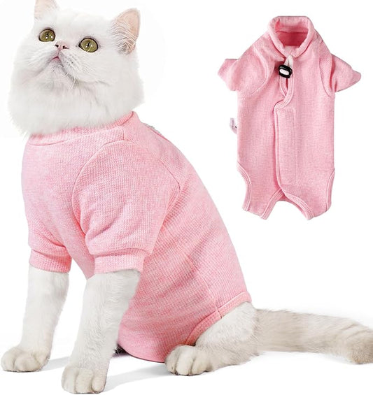 Dotoner Cat Surgery Recovery Suit for Female Male Anti-Licking Pet Surgical Pajamas Long Sleeve Prevent Shedding Cat Spay Recovery Suit&E Collar Alternative Bodysuit for Cats-PawvioPets