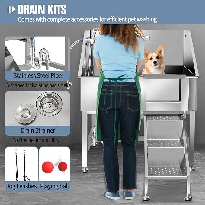 38" Pet Dog Bathing Station W/Ramp, Professional Stainless Steel Dog Grooming Tub W/Floor Grate, Faucet, Dog Bathtub for Large,Medium, Small Pets, Washing Sink for Home,R-RAMP-PawvioPets