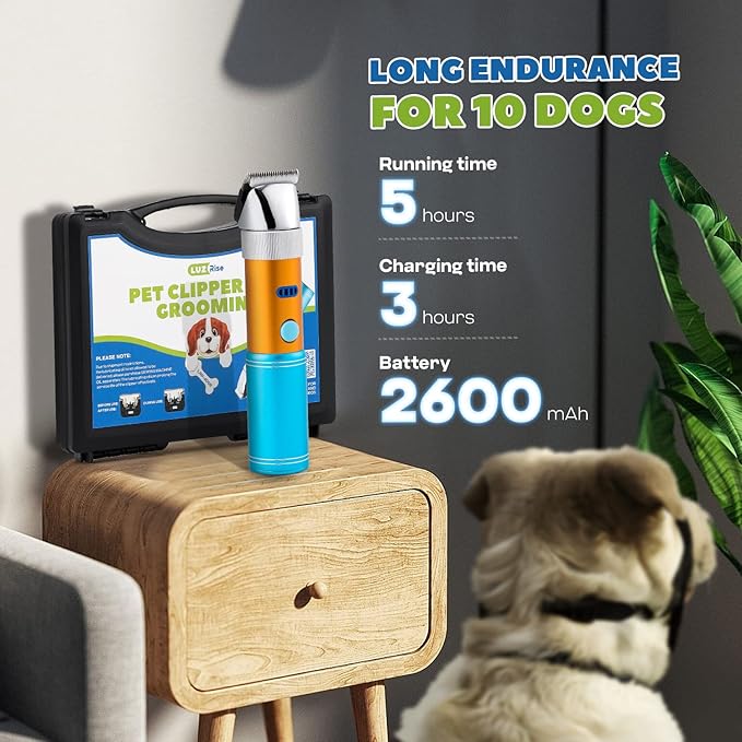 Dog Clippers for Grooming Cordless 400W with Rechargeable 5h-Standby Battery, Low Noise < 50db, Heavy-Duty Pet Hair Shaver Kit, with 2 Sharp & Detachable Blades of 3MM&6MM, Blue-PawvioPets